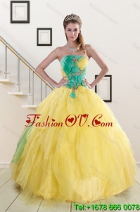 Popular and Pretty 2015 Strapless Yellow and Green Sweet 15 Dresses with Ruching
