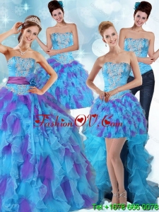 Pretty Multi Color Strapless Quinceanera Dress with Ruffles and Sash