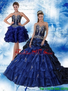 Pretty Navy Blue Sweetheart Quinceanera Dress with Ruffles and Embroidery
