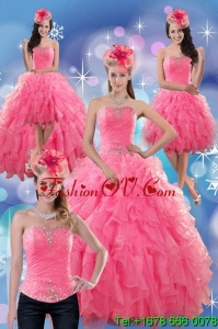 2015 Beautiful and Pretty Rose Pink Strapless Dresses for Quince with Ruffles and Beading