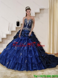 2015 Detachable and Unique Embroidery and Beaded Strapless Quinceanera Dress in Navy Blue
