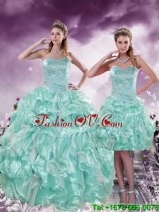 2015 Fashionable and Pretty Beading and Ruffles Aqual Blue Quince Dresses