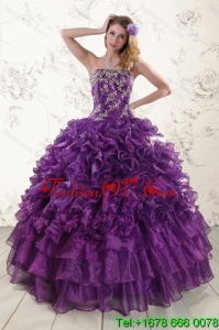 Lovely and Pretty Purple Strapless Appliques and Ruffles Quince Dresses for 2015