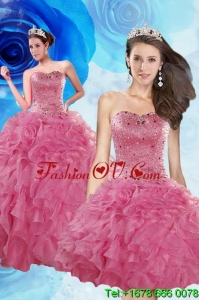 Luxurious and Pretty Coral Red Quince Dresses with Beading and Ruffles