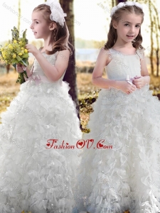 New Arrivals Cheap Ruffled and Bowknot White Flower Girl Dress with Straps