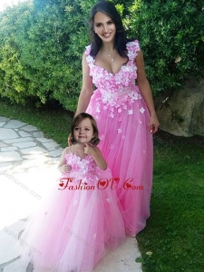 Beautiful Deep V Neckline Unique Prom Dress with Appliques and Hot Sale Rose Pink Little Girl Dress with See Through Scoop