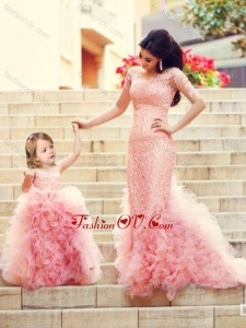 Unique Column Long Sleeves Prom Dress with Brush Train and Affordable Ruffled and Laced Little Girl Dress in Watermelon Red