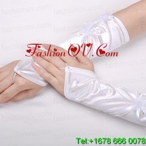 Attractive Satin Fingerless Elbow Length Bridal Gloves With Hand Made Flower