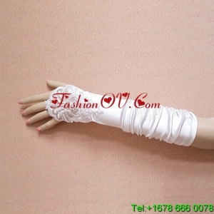 Satin Fingerless Elbow Length Bridal Gloves With Beading And Ruching