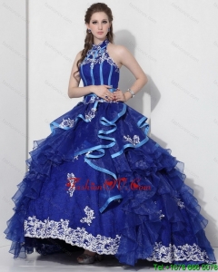 Halter Top Appliques Blue 2015 New Style Quinceanera Dresses with Ruffles and Brush Train