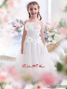 2015 New Style White Spaghetti Straps Little Girl Pageant Dresses with Flowers and Ruffles