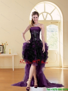 Modest Multi Color High Low Strapless Beading Ruffled Short Prom Dresses for 2015