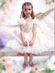 New Style Champagne Little Girl Pageant Dress with Hand Made Flower and Lace