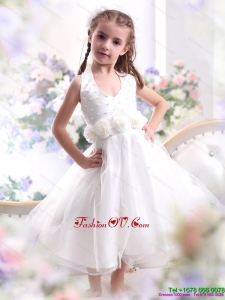 New Style Halter Top White Mini Length Little Girl Pageant Dress with Hand Made Flower