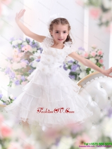 New Style Ruffled Layers White 2015 Little Girl Pageant Dress with Hand Made Flower