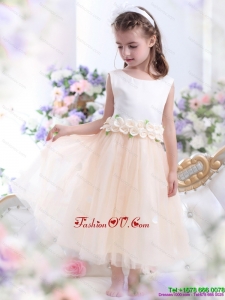 2015 New Style White Little Girl Pageant Dress with Waistband and Hand Made Flowers