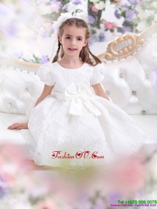 New Style Lace 2015 White Little Girl Pageant Dress with Short Sleeves and Bowknot