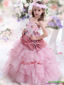 New Style Rose Pink Little Girl Pageant Dress with Hand Made Flowers and Ruffled Layers