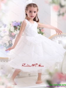 New Style Scoop White Bowknot A Line Little Girl Pageant Dresses for 2015