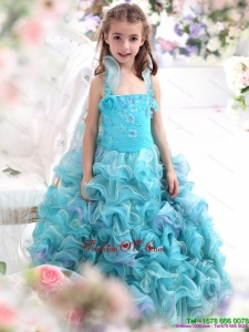 New Style Straps Appliques and Ruffled Layers Pageant Dresses for Kids in Aque Blue