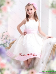 New Style White Scoop Little Girl Pageant Dress with Light Pink Bowknot