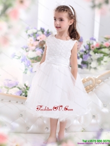 Scoop Tea Length White 2015 New Style Little Girl Pageant Dress with Sash