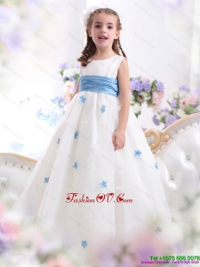 White Scoop New Style Little Girl Pageant Dress with Baby Blue Waistband and Appliques