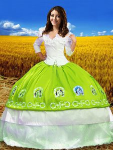 Taffeta Off The Shoulder 3 4 Length Sleeve Lace Up Embroidery Quinceanera Gowns in Yellow Green