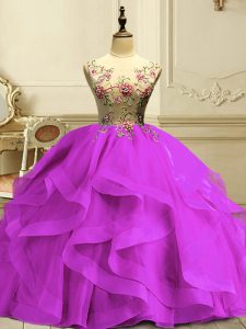 Custom Made Floor Length Fuchsia 15th Birthday Dress Organza Sleeveless Appliques and Ruffles