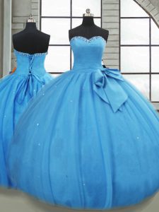 Sweetheart Sleeveless Quince Ball Gowns Floor Length Bowknot Baby Blue Tulle