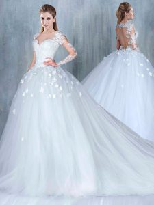 Elegant Sweetheart Long Sleeves Court Train Backless Wedding Dress White Tulle