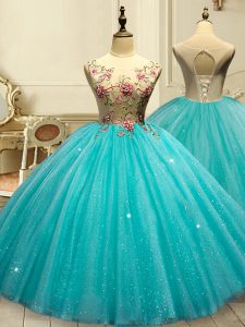 Sumptuous Floor Length Ball Gowns Sleeveless Aqua Blue 15th Birthday Dress Lace Up