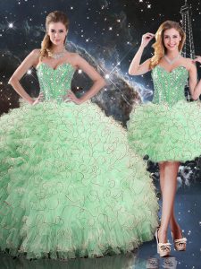 Latest Floor Length Lace Up 15 Quinceanera Dress Apple Green for Military Ball and Sweet 16 and Quinceanera with Beading and Ruffles