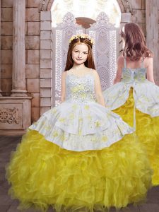 Gold Sleeveless Brush Train Embroidery and Ruffles Little Girls Pageant Gowns