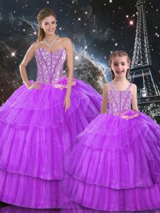 Purple Organza and Tulle Lace Up Sweetheart Sleeveless Floor Length 15 Quinceanera Dress Beading and Ruffled Layers