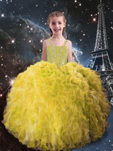 Hot Selling Beading and Ruffles Little Girls Pageant Dress Wholesale Light Yellow Lace Up Sleeveless Floor Length