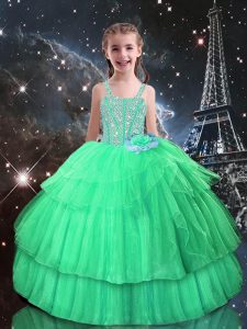 Beading and Ruffled Layers Child Pageant Dress Apple Green Lace Up Sleeveless Floor Length