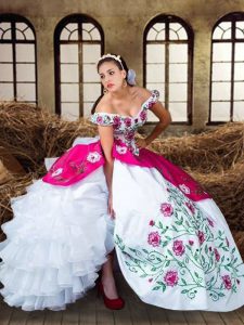 Simple Sleeveless Floor Length Embroidery and Ruffled Layers Lace Up Quinceanera Gowns with Multi-color