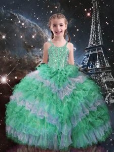 Sleeveless Organza Floor Length Lace Up Child Pageant Dress in Apple Green with Beading and Ruffled Layers