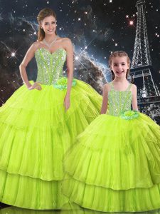 Shining Floor Length Lace Up 15 Quinceanera Dress Yellow Green for Military Ball and Sweet 16 and Quinceanera with Ruffled Layers