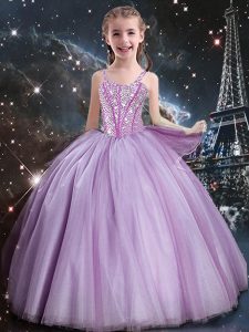Lilac Sleeveless Beading Floor Length Little Girls Pageant Dress