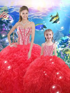 Glittering Floor Length Lace Up Sweet 16 Dress Coral Red for Military Ball and Sweet 16 and Quinceanera with Beading and Ruffles