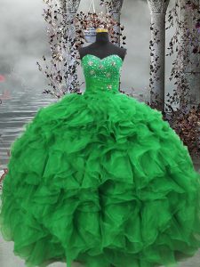 Custom Fit Floor Length Lace Up Quinceanera Gowns Green for Military Ball and Sweet 16 and Quinceanera with Beading and Ruffles