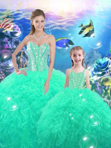Floor Length Lace Up Quince Ball Gowns Turquoise for Military Ball and Sweet 16 and Quinceanera with Beading and Ruffles