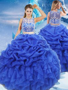 Chic Royal Blue Two Pieces Scoop Sleeveless Organza Floor Length Zipper Beading and Ruffles and Pick Ups Ball Gown Prom Dress