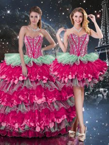 Popular Sleeveless Organza Floor Length Lace Up Quinceanera Dress in Multi-color with Beading and Ruffles and Ruffled Layers