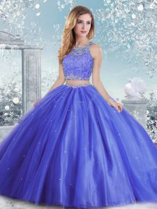 Fashion Blue Ball Gowns Tulle Scoop Sleeveless Beading and Sequins Floor Length Clasp Handle Sweet 16 Quinceanera Dress