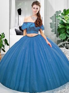 Beautiful Sleeveless Floor Length Lace Lace Up Sweet 16 Quinceanera Dress with Blue