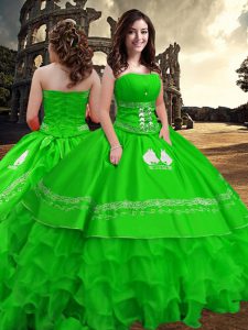 Green Taffeta Zipper Strapless Sleeveless Floor Length Sweet 16 Dresses Embroidery and Ruffled Layers