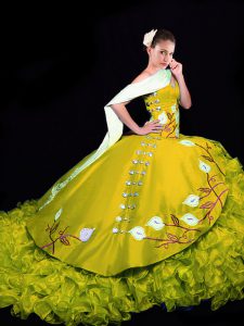 Gold Ball Gowns Organza Sweetheart Sleeveless Embroidery and Ruffles Lace Up 15th Birthday Dress Brush Train